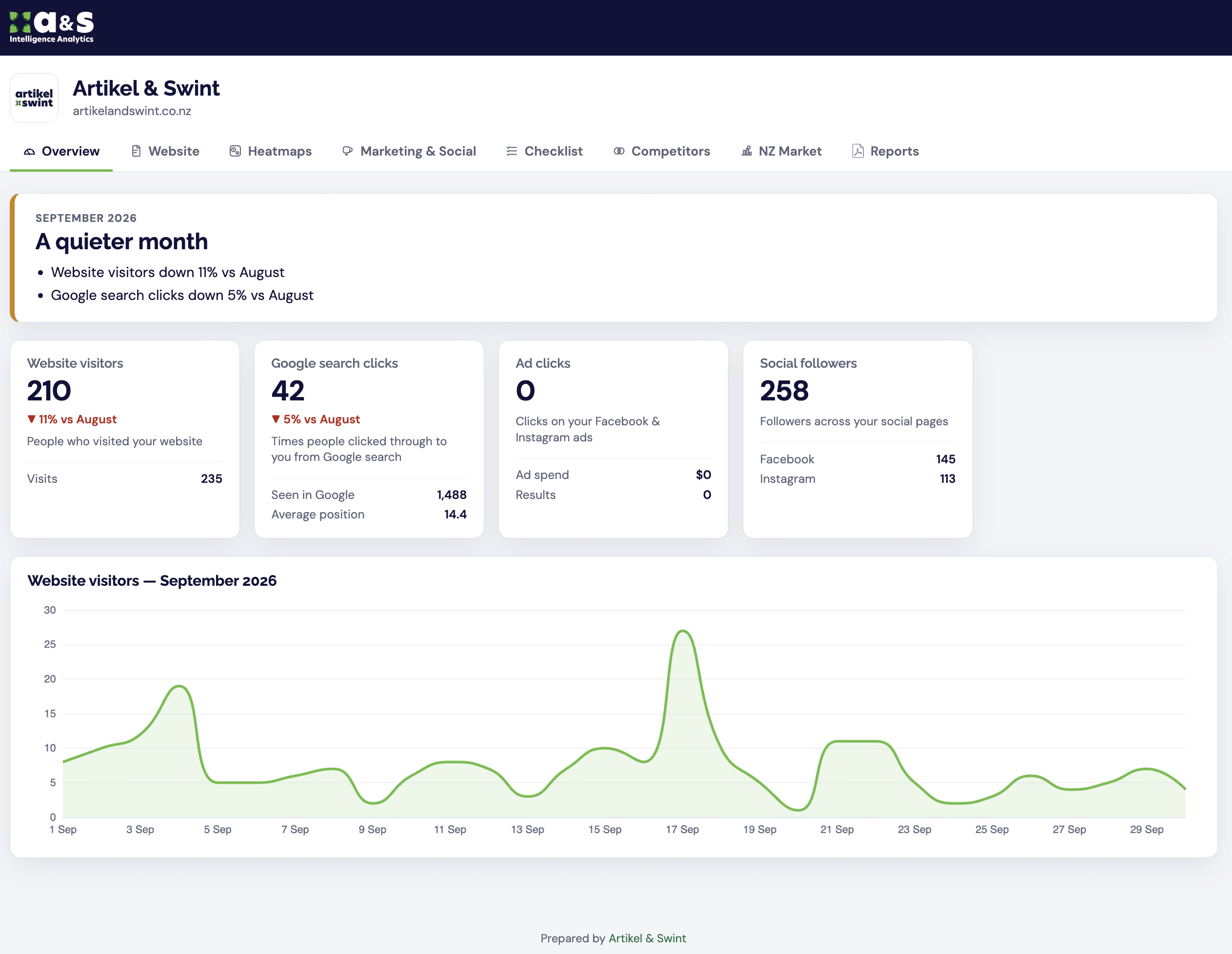 A&S Intelligence Analytics client portal Overview tab for Artikel and Swint: monthly highlights, website visitors, Google search clicks, ad clicks, social followers and a daily visitors chart